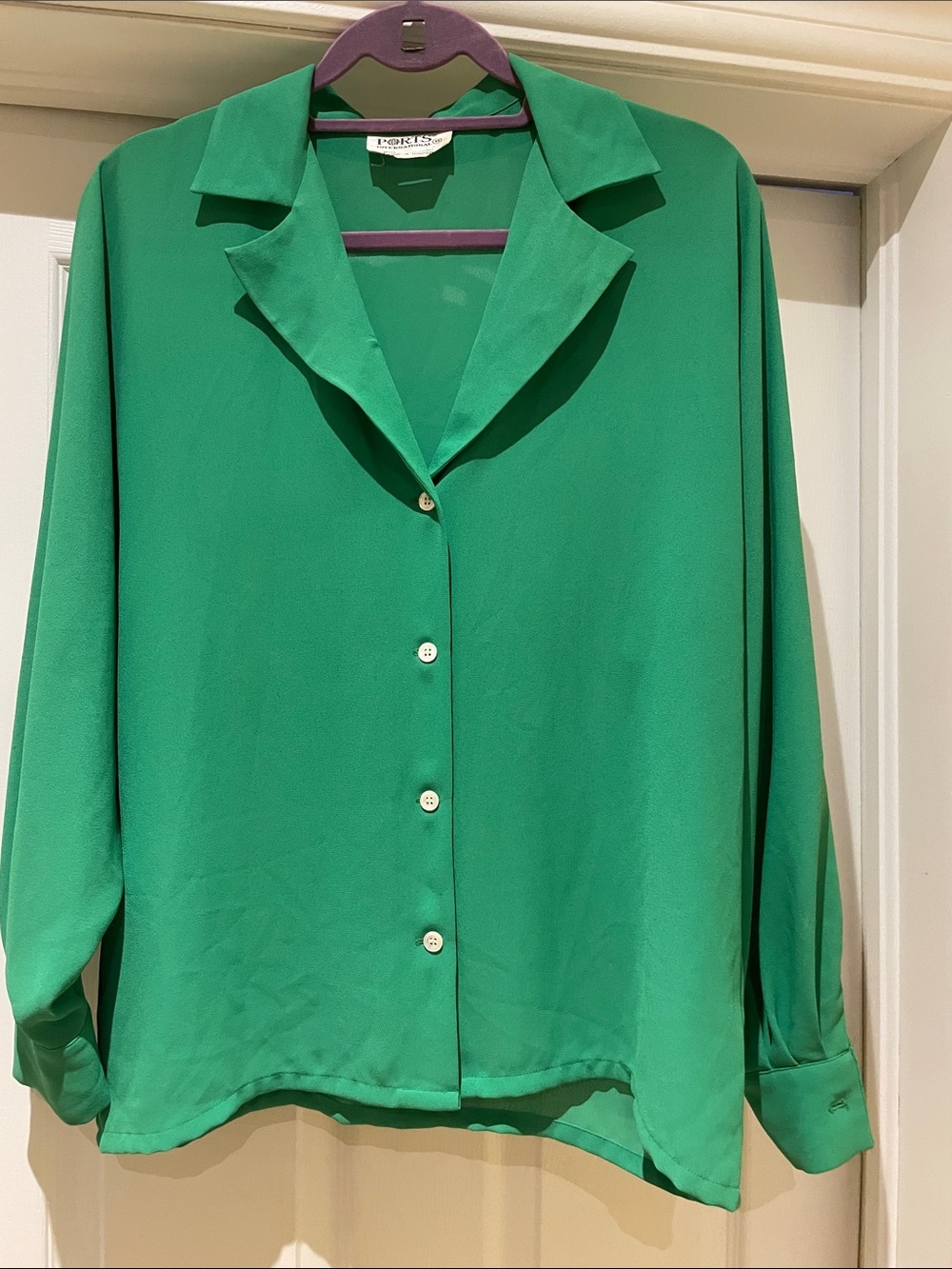 Ports International Green Batwing Blouse Notched Collar 8 Polished Minimalist